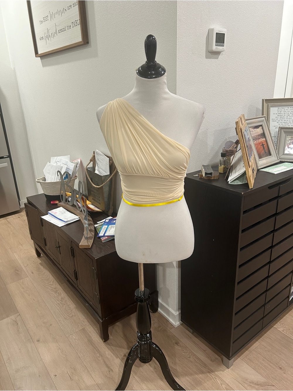 beige, one-shoulder, asymmetrical ruched crop top
